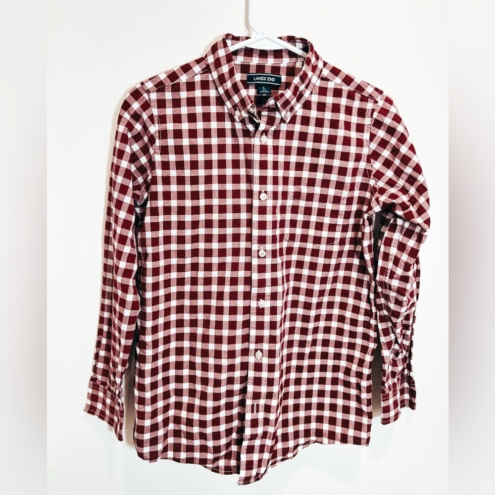 Lands’ End Boys Burgundy & White Gingham Button-Up Shirt Classic Preppy